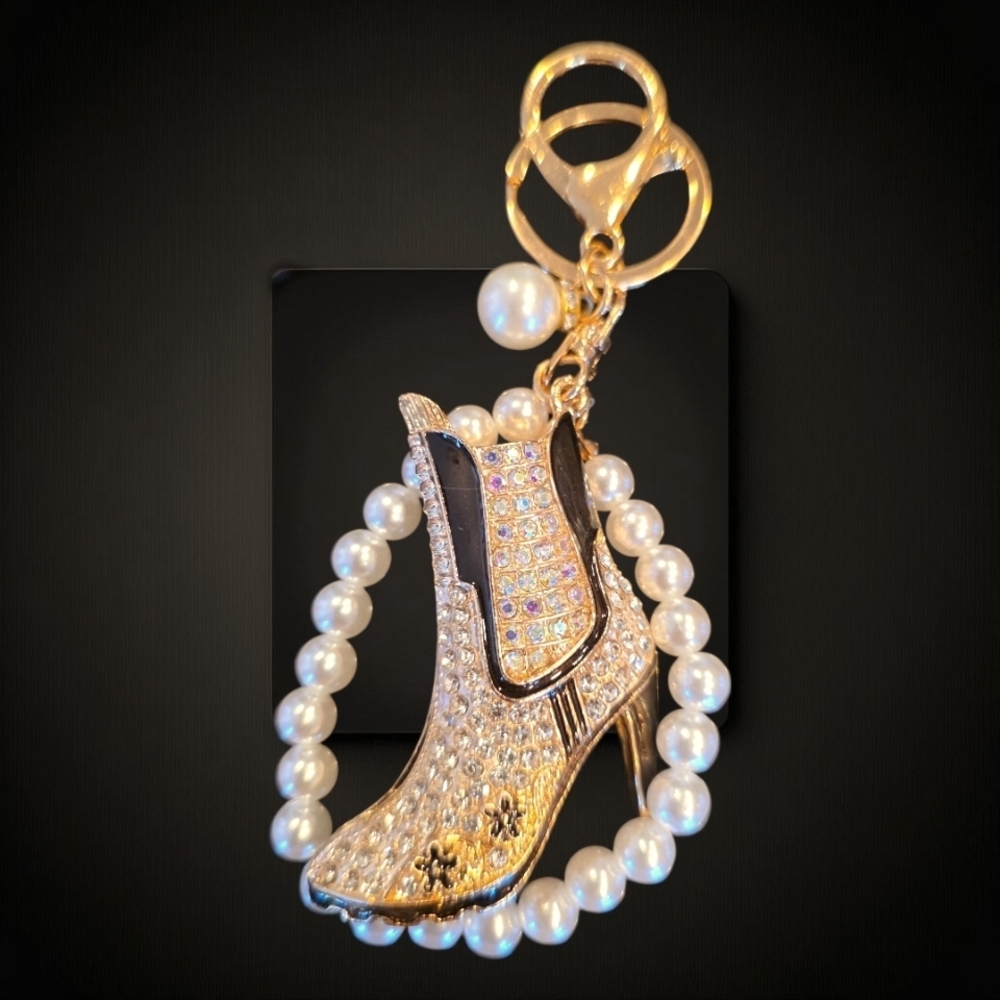 Stylish Gold and Black Rhinestone Cowboy Boot Charm with Pearl and Gold Accents - Picture 3 of 4